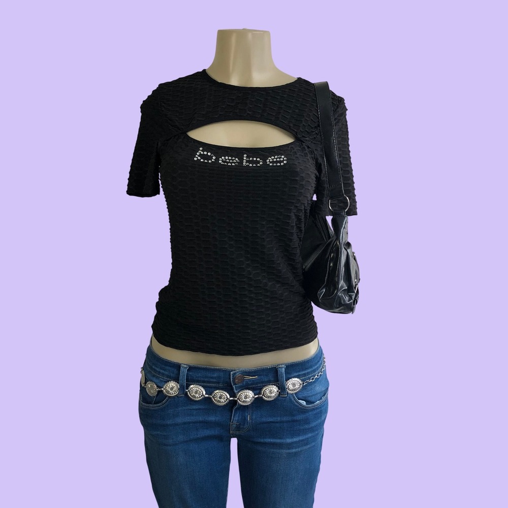 Bebe Black Rhinestone Logo Cutout Top Textured Bubble Knit Womens Medium